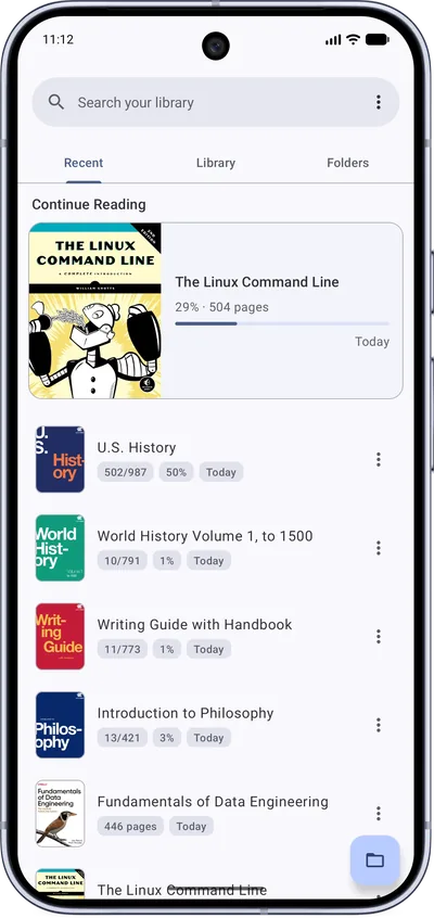 MJ PDF 3.1.0 home screen showing the Recent tab with a Continue Reading card and a list of books with progress