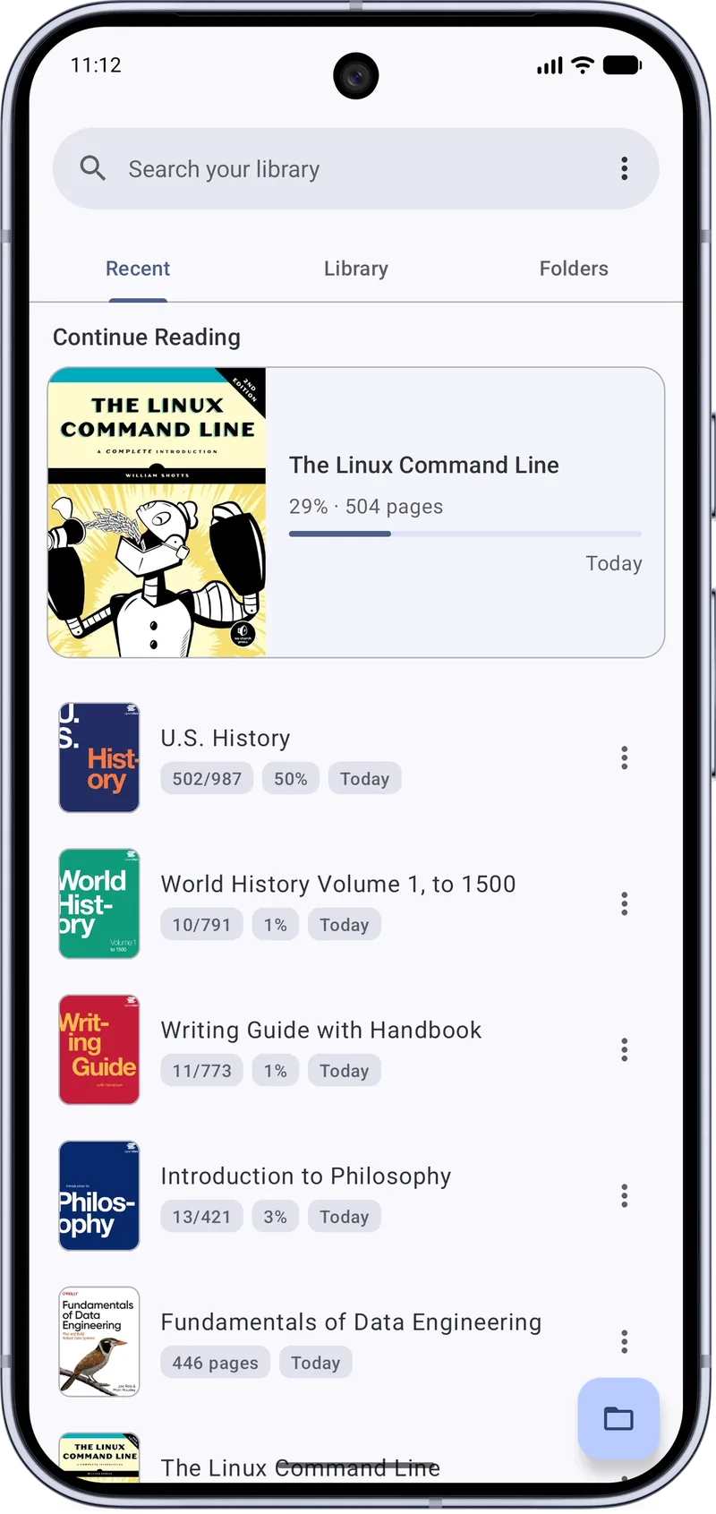 MJ PDF 3.1.0 home screen showing the Recent tab with a Continue Reading card and a list of books with progress