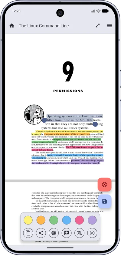 MJ PDF 3.1.0 showing selected text and several highlight colors on a PDF page, with a color and action bar